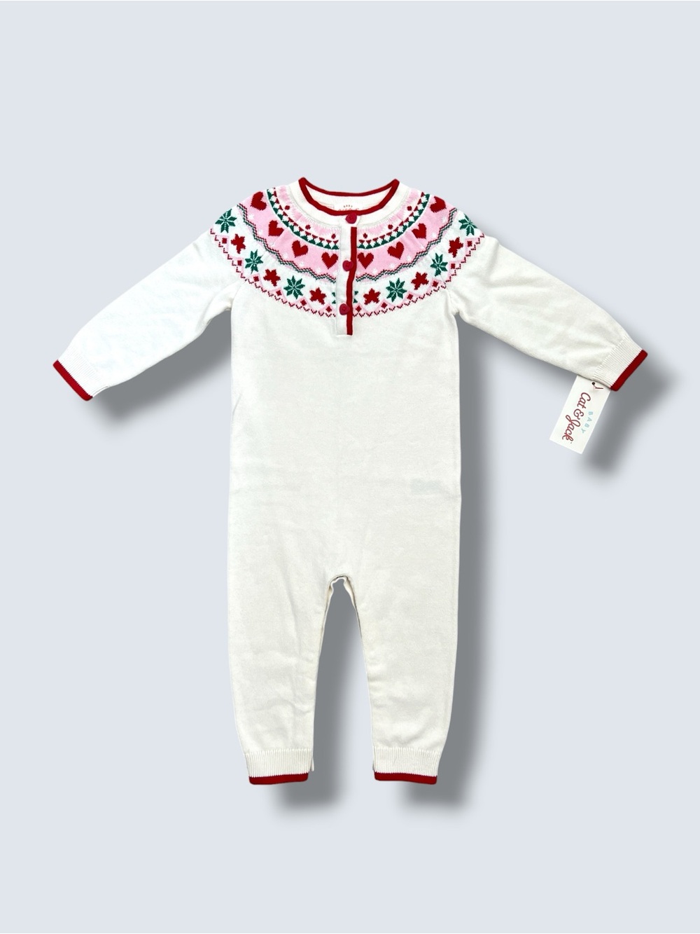 Cat & Jack Baby Christmas Fair Isle Knit Romper 12M Holiday Hearts Cotton NWT